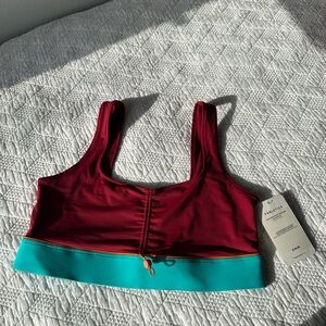 Fabletics Red and Blue Top with Bold Two-Tone Design
